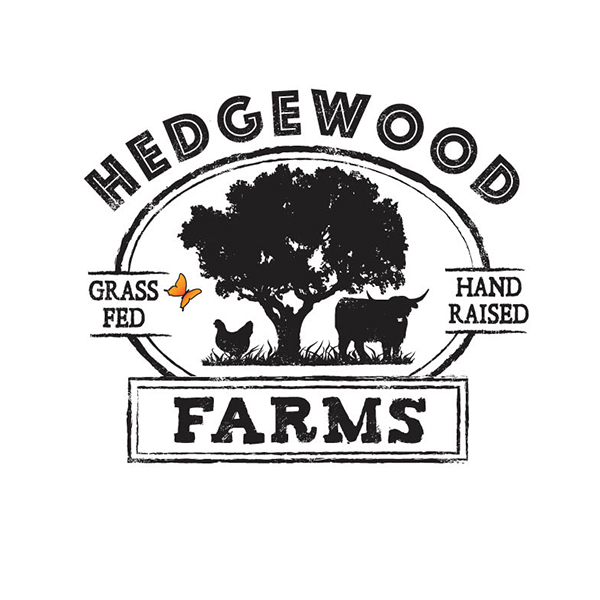 Hedgewood Farms logo that depicts the silhouette of a tree with a chicken and cow under it Hedgewood Farms logo that depicts the silhouette of a tree with a chicken and cow under it