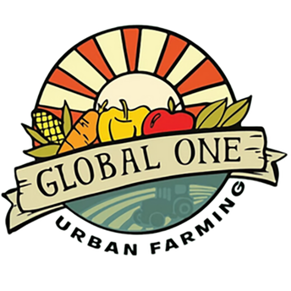 Illustrated vector logo for Global One showing vegetables and sunrays Illustrated vector logo for Global One showing vegetables and sunrays