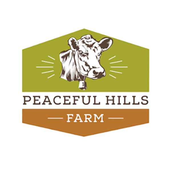 Illustrated logo depicting a cow in a hexagonal color block for Peaceful Hill Farm Illustrated logo depicting a cow in a hexagonal color block for Peaceful Hill Farm